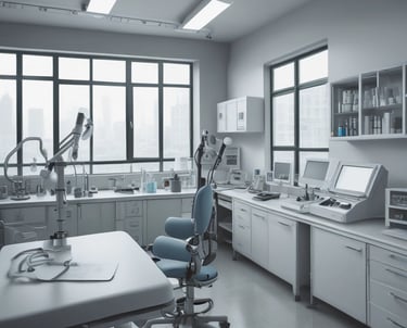 A person wearing a smartwatch writes on a notepad while using a tablet that displays medical images. A stethoscope is positioned close by on a white desk, suggesting a medical setting.