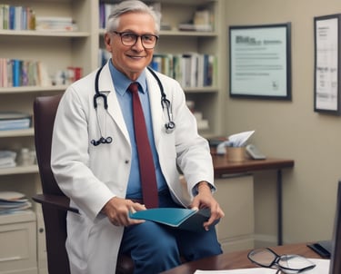 A modern building facade with large glass windows, prominently displaying signage for a medical center in bold blue and red colors against a sleek grey exterior.