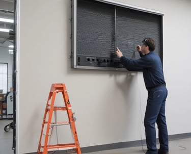 A person is standing in front of a projected screen, holding a color guide with several shades, while appearing to interact with the projected content. The screen displays various design elements, including text and color samples. The lighting creates a noticeable shadow of the person on the screen.