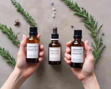A hand holds a small amber bottle labeled 'Peppermint Essential Oil' alongside a clear glass vial with a white cap. The background features large, vividly colored pink and green leaves.