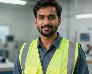 A professional portrait of a South Asian / Indian man in a clean, modern factory environment, wearing a safety vest and a friendly expression.