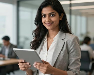 A professional portrait of a South Asian / Indian woman in a modern office, holding a tablet and smiling, representing efficient sales management.