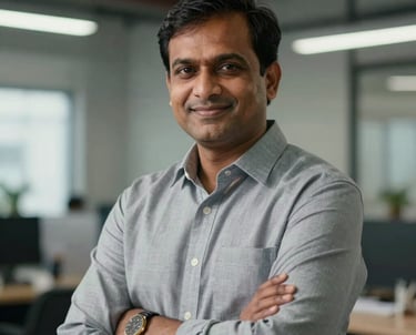 A professional portrait of a South Asian / Indian man in his late 40s wearing business attire, looking confident and smiling in an industrial office setting.