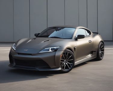 a black sports car parked in front of a tall building