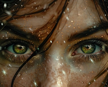Close-up of woman’s green eyes surrounded by magical embers