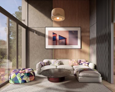 Open-plan living space with floor-to-ceiling windows framing forest views, custom timber wall cladding, wall acoustic panels