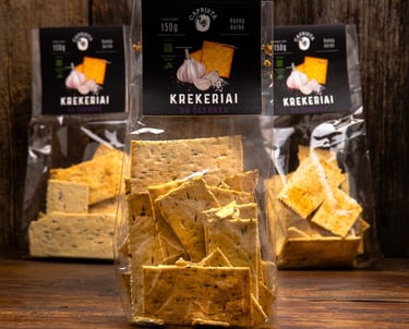 three cracker bags  black labels with illustrations