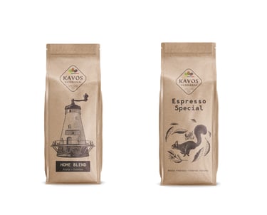 four coffee bags with funny illustrations for espresso and home blend