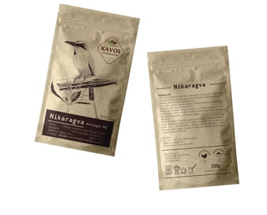two coffee packs with bird illustration, front and back view