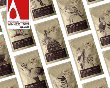 craft doypacks for coffee with illustrations of birds, dark brown color,