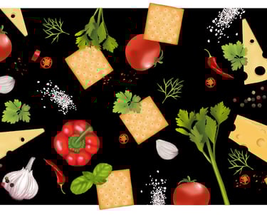 picture of cheese, tomatoes, onions, celery garlic, salt illustrations on black background