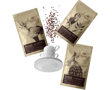 three coffee doypacks , coffee beans and white cup flying 