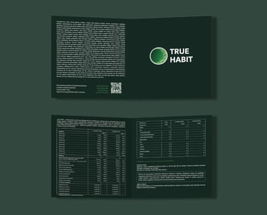 dark green brochure with desciption of Truehabit drink
