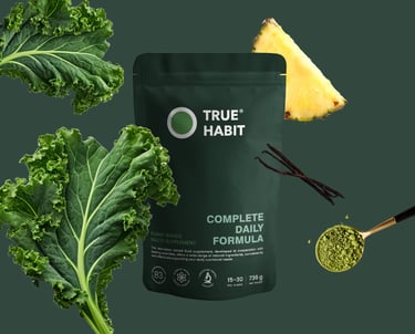 a bag of  supplements and a pineapple and kale illustrations
