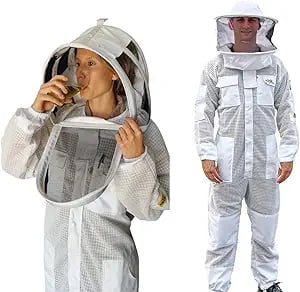 a man in a bee suit with a beekeeper