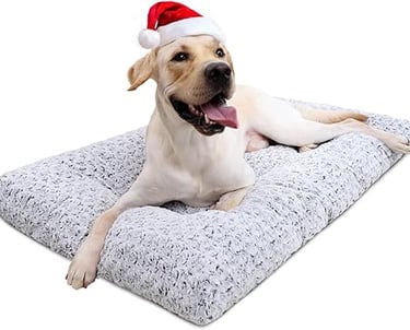 Dog Bed with a dog laying on it wearing a Santa hat