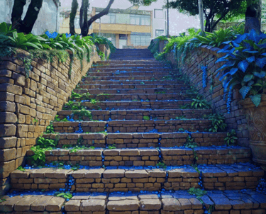 Imagen generada con IA que muestra una escalera que conduce a una pared de ladrillos.