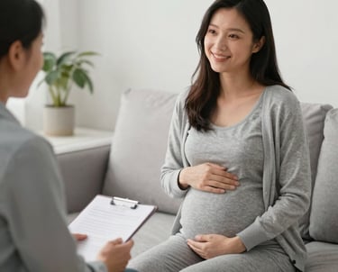 A warm, comforting scene of a counselor speaking gently with a hopeful family in a cozy office.