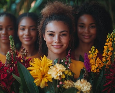 a group of women standing in front of a bunch of flowers