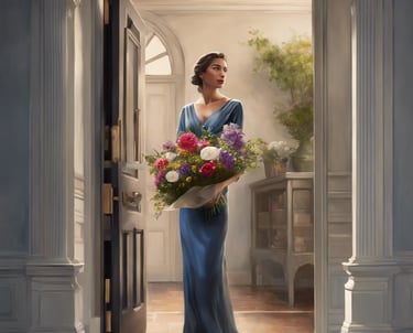 a woman in a blue dress holding a bouquet