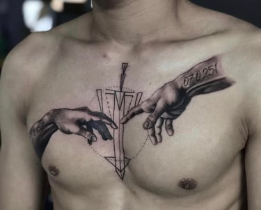 Custom tattoo inspired by 'The Touch' painting, graphic and realism style, with a graphic sword