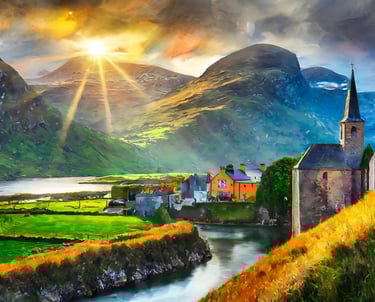 typical landscape of ireland with green fields and hills, sun illustrative of spiritual psychic