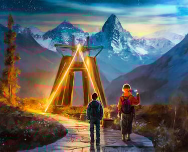 two people walking a path towards mountains