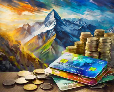 payment forms of coins and credit cards with mountain in background