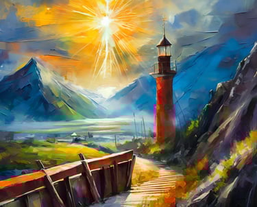 spiritual setting with bright star and stairs down to lighthouse illustrative of psychic reading
