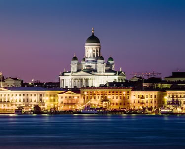 Helsinki Cathedral at night with water infront