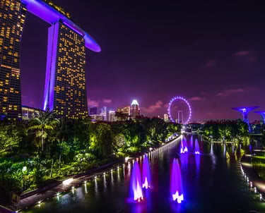 Singapore skyline at night with ferris wheel in distance