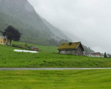 Olden Norway Cabin with mountains in distance