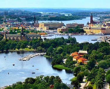 aerial view of Stockholm Sweden with buildings and water