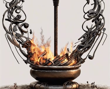 a metal sculpture of a fire pit with a fire in the middle