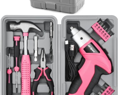 Hi-Spec 19pc 3.6V Pink USB Small Power Screwdriver & Home DIY Tool Kit Set. Cordless & Rechargeable