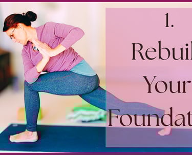 A woman practices a revolved side angle yoga pose on a mat to rebuild her foundation.