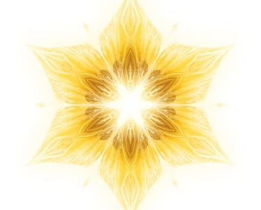 Golden glowing flower mandala with symmetrical star petals on a white background.