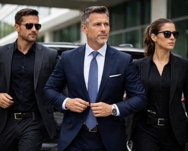 A businessman in a blue suit walks with male and female private security bodyguards in sunglasses.