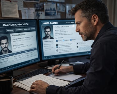 Private investigator conducting a background check on dual monitors with criminal records and profile data.