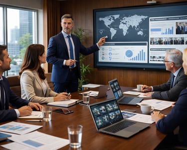 Professional businessman presenting global risk assessment data to a corporate team in a modern boardroom.