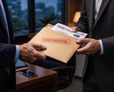 exchanging a brown manila envelope stamped with a red confidential seal.
