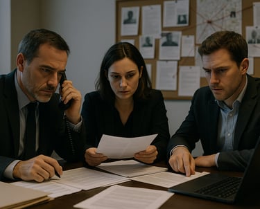Investigators in suits analyze forensic evidence and case files in a dim precinct office.