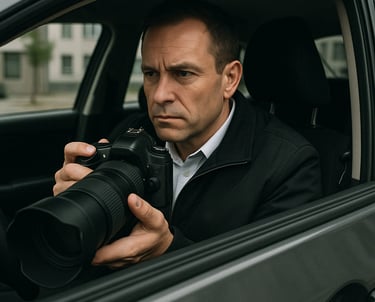 Private investigator sitting in a car holding a DSLR camera with a telephoto lens for surveillance.