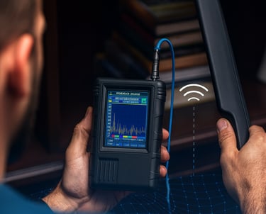 Professional RF bug detector and signal scanner being used to detect hidden listening devices.
