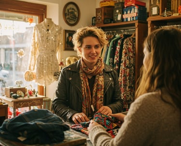 customer at clothing store counter looking at shopkeeper