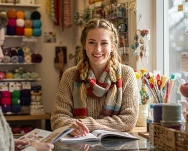 shopkeeper behind counter of yarn supply store