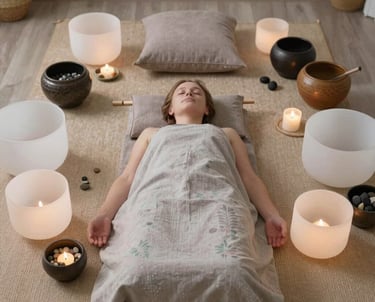 A person is sitting with eyes closed, smiling gently while holding a handful of pink flowers. The background is a soft blur of similar flowers, creating a serene and tranquil atmosphere.