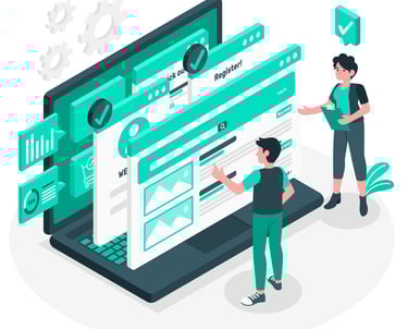 a man and woman standing in front of a laptop