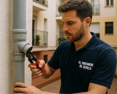 Un fontanero arreglando una bajante en un patio de Sevilla