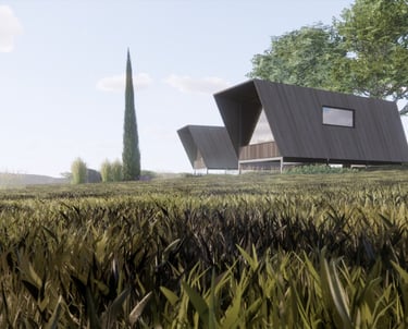 a house with a large grass field and trees